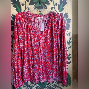 NWT Gap Red w/ Blue Floral Print Top, Lightweight, Size M